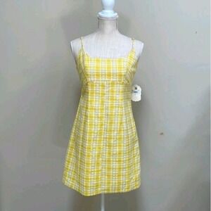 Altar'd State Yellow White Plaid Sleeveless Summer Babydoll Mini Dress‎ Size M